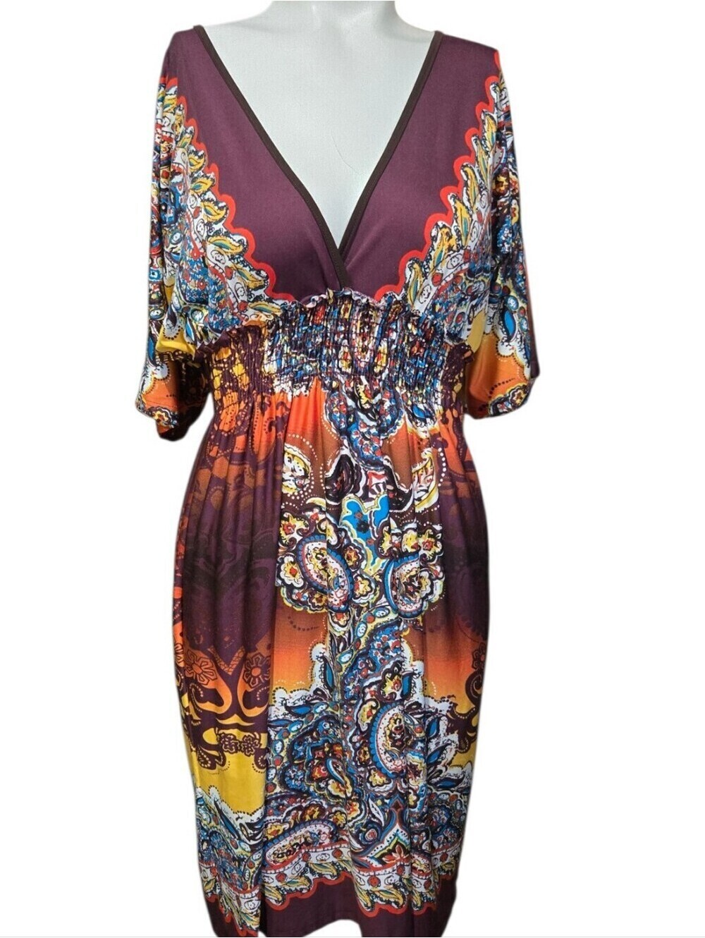 Bailey Blue Boho Paisley Midi Dress Women's Small V-Neck Smocked Empire Waist